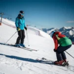 Ski-instructeur met rechtopstaande houding op verzorgde alpinehelling, op de achtergrond een skiër met gebogen rug en ingezakte schouders.