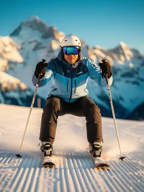 Ski-instructeur demonstreert correcte gehurkte houding op verzorgde Alpine piste, knieën gebogen en rug recht, besneeuwde bergtoppen op achtergrond.