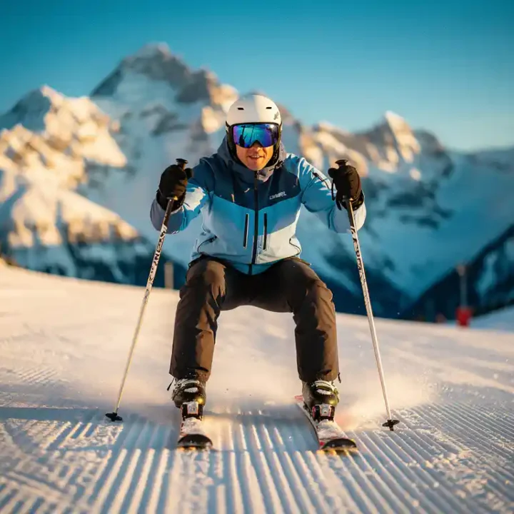 Ski-instructeur demonstreert correcte gehurkte houding op verzorgde Alpine piste, knieën gebogen en rug recht, besneeuwde bergtoppen op achtergrond.