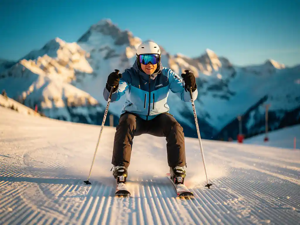 Ski-instructeur demonstreert correcte gehurkte houding op verzorgde Alpine piste, knieën gebogen en rug recht, besneeuwde bergtoppen op achtergrond.