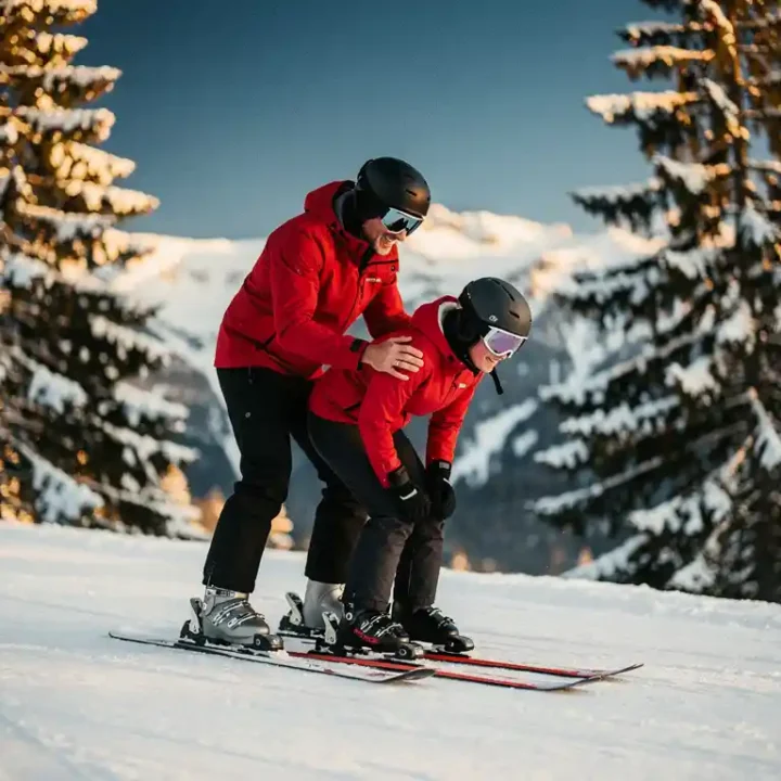 Ski-instructeur corrigeert kniebuiging en voorwaartse houding van leerling op besneeuwde piste, omgeven door dennenbomen.