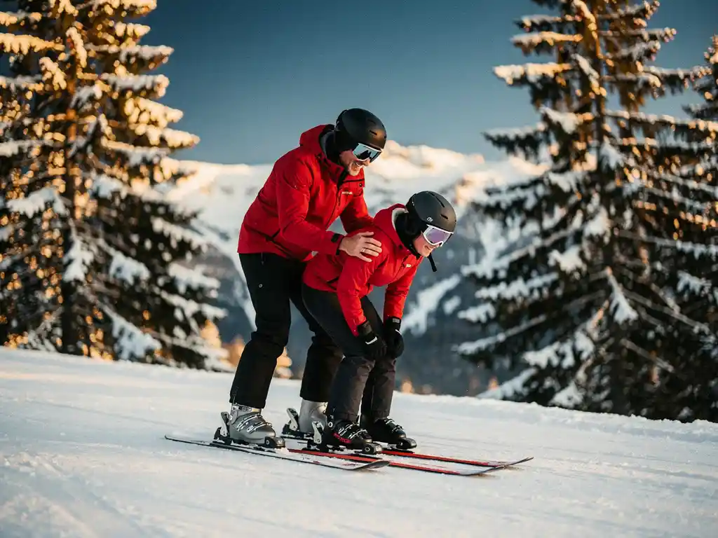 Ski-instructeur corrigeert kniebuiging en voorwaartse houding van leerling op besneeuwde piste, omgeven door dennenbomen.