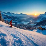 Ski-instructeur in rode uitrusting geeft les op Oostenrijkse piste bij gouden licht, met besneeuwde Alpen en prijskaartje in poedersneeuw.