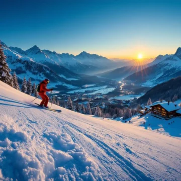 Ski-instructeur in rode uitrusting geeft les op Oostenrijkse piste bij gouden licht, met besneeuwde Alpen en prijskaartje in poedersneeuw.