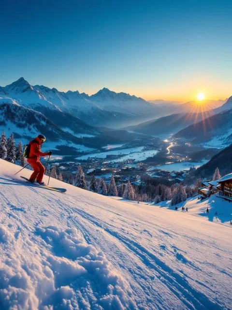 Ski-instructeur in rode uitrusting geeft les op Oostenrijkse piste bij gouden licht, met besneeuwde Alpen en prijskaartje in poedersneeuw.