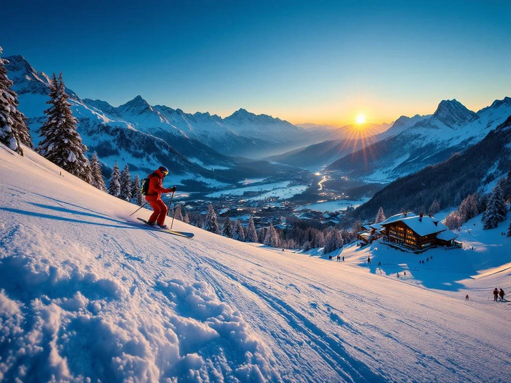 Ski-instructeur in rode uitrusting geeft les op Oostenrijkse piste bij gouden licht, met besneeuwde Alpen en prijskaartje in poedersneeuw.