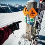 Ski-instructeur wijst naar kleurrijke piste-markeringen en waarschuwingsborden op besneeuwde berghelling