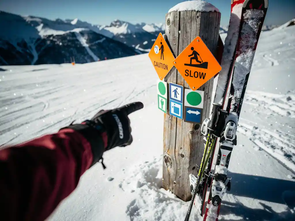 Ski-instructeur wijst naar kleurrijke piste-markeringen en waarschuwingsborden op besneeuwde berghelling