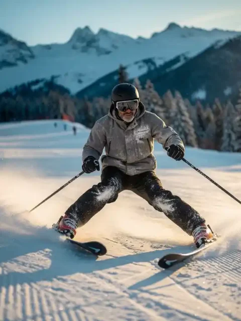 Ski-instructeur demonstreert een gesneden ploegbocht op een verzorgde alpine piste, poedersneeuw spat van de ski's, besneeuwde dennenbergen op de achtergrond.