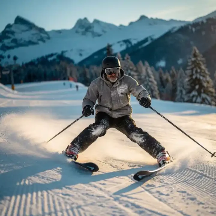 Ski-instructeur demonstreert een gesneden ploegbocht op een verzorgde alpine piste, poedersneeuw spat van de ski's, besneeuwde dennenbergen op de achtergrond.