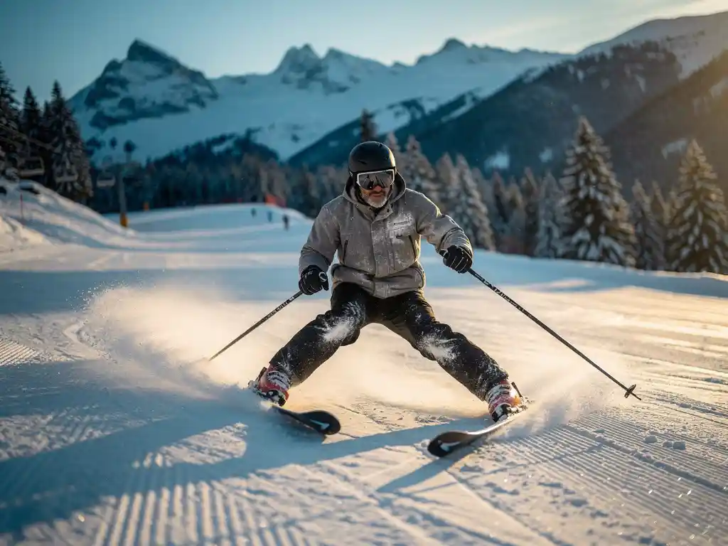 Ski-instructeur demonstreert een gesneden ploegbocht op een verzorgde alpine piste, poedersneeuw spat van de ski's, besneeuwde dennenbergen op de achtergrond.