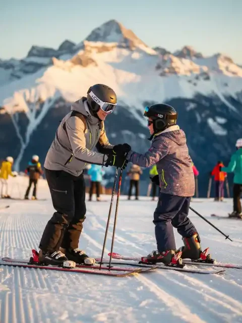 Ski-instructeur geeft privéles aan één leerling op verzorgde piste, met groepsles en besneeuwde Alpentoppen op de achtergrond.