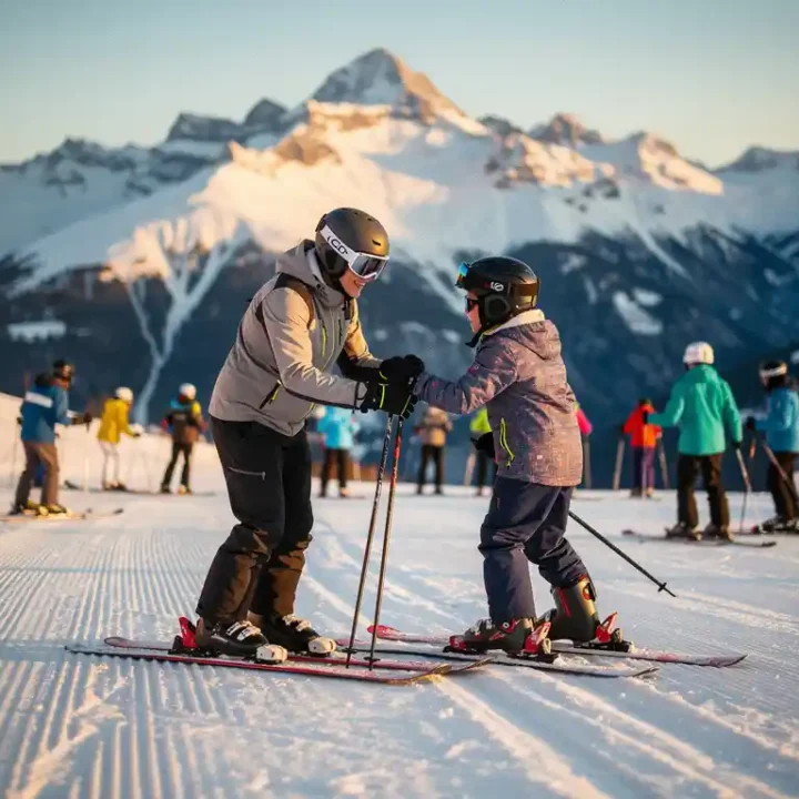 Ski-instructeur geeft privéles aan één leerling op verzorgde piste, met groepsles en besneeuwde Alpentoppen op de achtergrond.