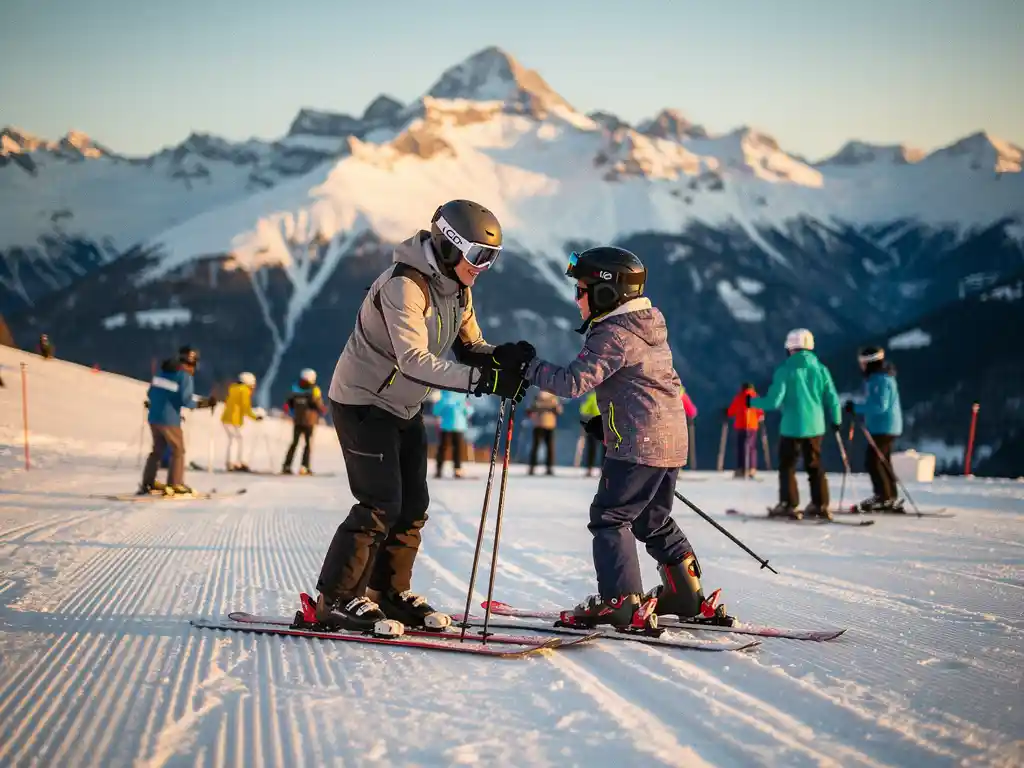 Ski-instructeur geeft privéles aan één leerling op verzorgde piste, met groepsles en besneeuwde Alpentoppen op de achtergrond.