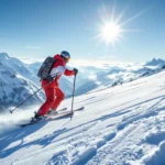 Ski-instructeur in rood-wit uniform demonstreert perfecte techniek op alpenpiste onder blauwe hemel, met skischool en leerlingen op achtergrond en zonlicht op verse sneeuw.