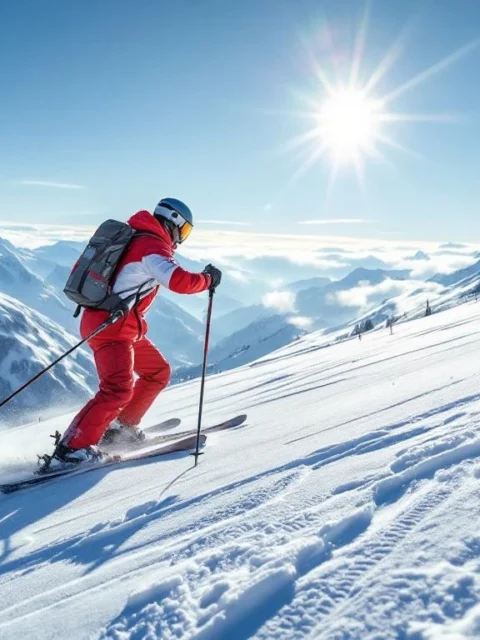 Ski-instructeur in rood-wit uniform demonstreert perfecte techniek op alpenpiste onder blauwe hemel, met skischool en leerlingen op achtergrond en zonlicht op verse sneeuw.