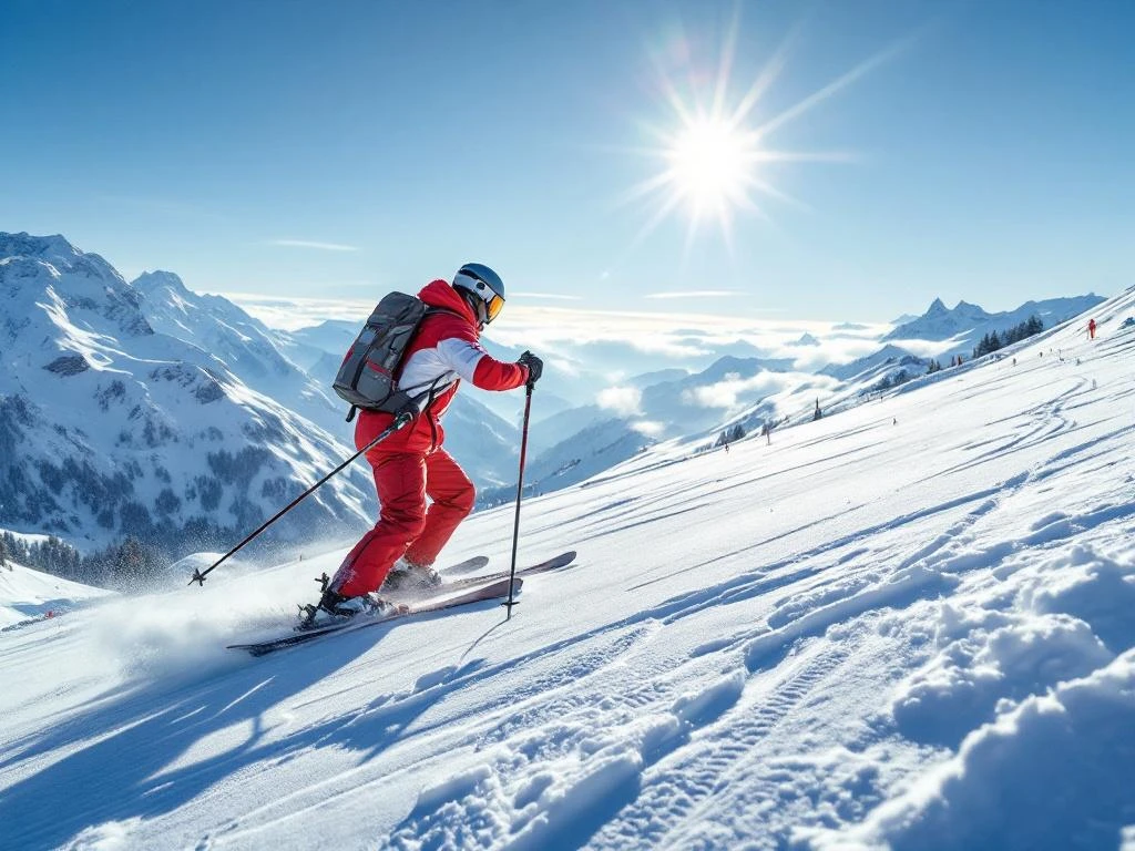 Ski-instructeur in rood-wit uniform demonstreert perfecte techniek op alpenpiste onder blauwe hemel, met skischool en leerlingen op achtergrond en zonlicht op verse sneeuw.