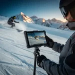 Ski-instructeur analyseert slow-motionbeelden op een tablet op een besneeuwde helling, met een skiër die een scherpe bocht maakt op de achtergrond.
