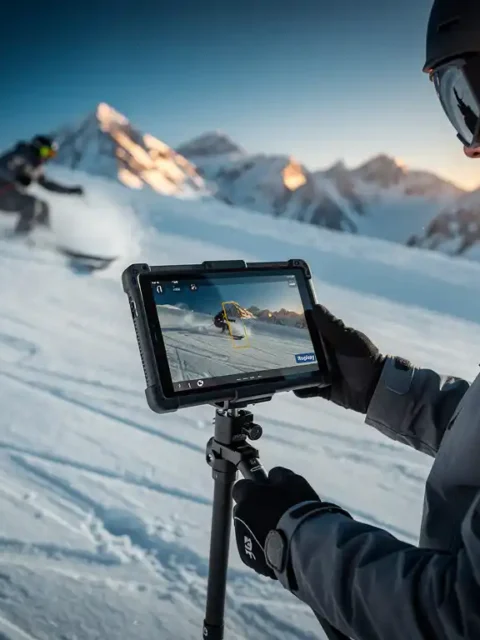 Ski-instructeur analyseert slow-motionbeelden op een tablet op een besneeuwde helling, met een skiër die een scherpe bocht maakt op de achtergrond.