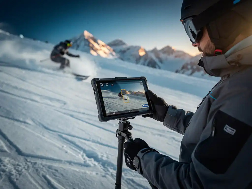 Ski-instructeur analyseert slow-motionbeelden op een tablet op een besneeuwde helling, met een skiër die een scherpe bocht maakt op de achtergrond.