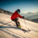 Ski-instructeur demonstreert een ploegbocht op verzorgde alpiene piste, rode jas, dennenbossen op de achtergrond, gouduur licht.