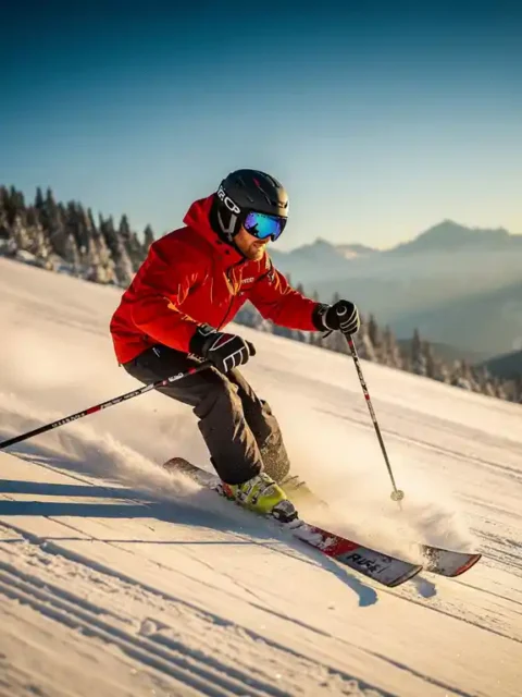 Ski-instructeur demonstreert een ploegbocht op verzorgde alpiene piste, rode jas, dennenbossen op de achtergrond, gouduur licht.