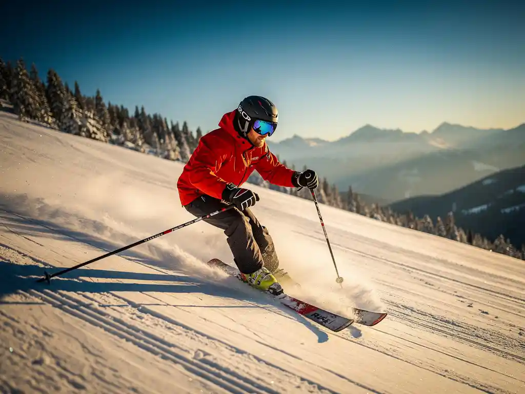 Ski-instructeur demonstreert een ploegbocht op verzorgde alpiene piste, rode jas, dennenbossen op de achtergrond, gouduur licht.