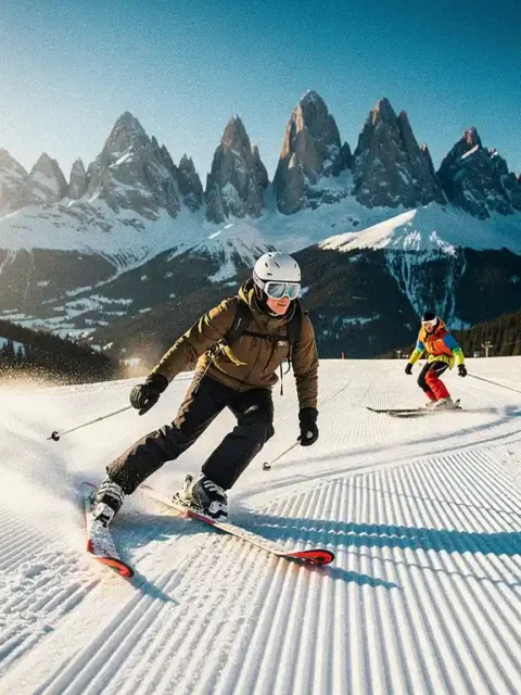 Ski-instructeur demonstreert een brede ploegwending op een verzorgde piste, met een leerling die parallelle sporen trekt in verse sneeuw en Alpiene toppen op de achtergrond.