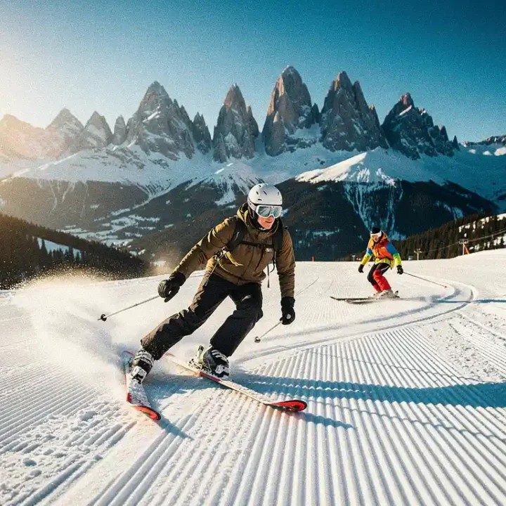 Ski-instructeur demonstreert een brede ploegwending op een verzorgde piste, met een leerling die parallelle sporen trekt in verse sneeuw en Alpiene toppen op de achtergrond.