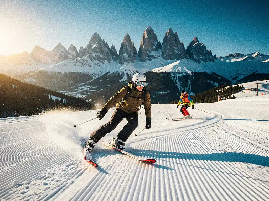 Ski-instructeur demonstreert een brede ploegwending op een verzorgde piste, met een leerling die parallelle sporen trekt in verse sneeuw en Alpiene toppen op de achtergrond.