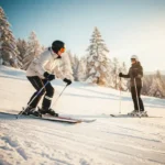 Ski-instructeur demonstreert sneeuwploeghouding op verzorgde beginnersskihelling, student kijkt toe in zonnig alpien landschap.