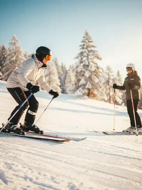 Ski-instructeur demonstreert sneeuwploeghouding op verzorgde beginnersskihelling, student kijkt toe in zonnig alpien landschap.