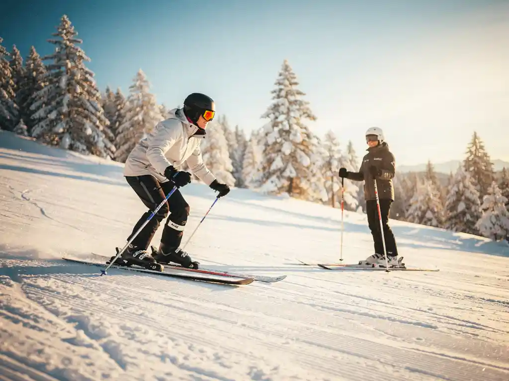 Ski-instructeur demonstreert sneeuwploeghouding op verzorgde beginnersskihelling, student kijkt toe in zonnig alpien landschap.