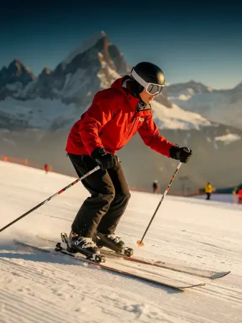Ski-instructeur plant stokken in 45 graden hoek op verzorgde Alpine piste, rode jas tegen witte sneeuw en kobaltblauwe Oostenrijkse berglucht.