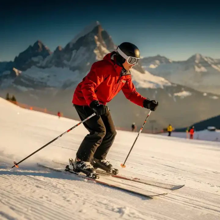 Ski-instructeur plant stokken in 45 graden hoek op verzorgde Alpine piste, rode jas tegen witte sneeuw en kobaltblauwe Oostenrijkse berglucht.