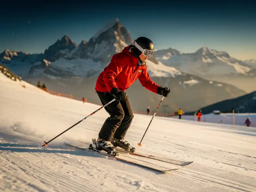 Ski-instructeur plant stokken in 45 graden hoek op verzorgde Alpine piste, rode jas tegen witte sneeuw en kobaltblauwe Oostenrijkse berglucht.