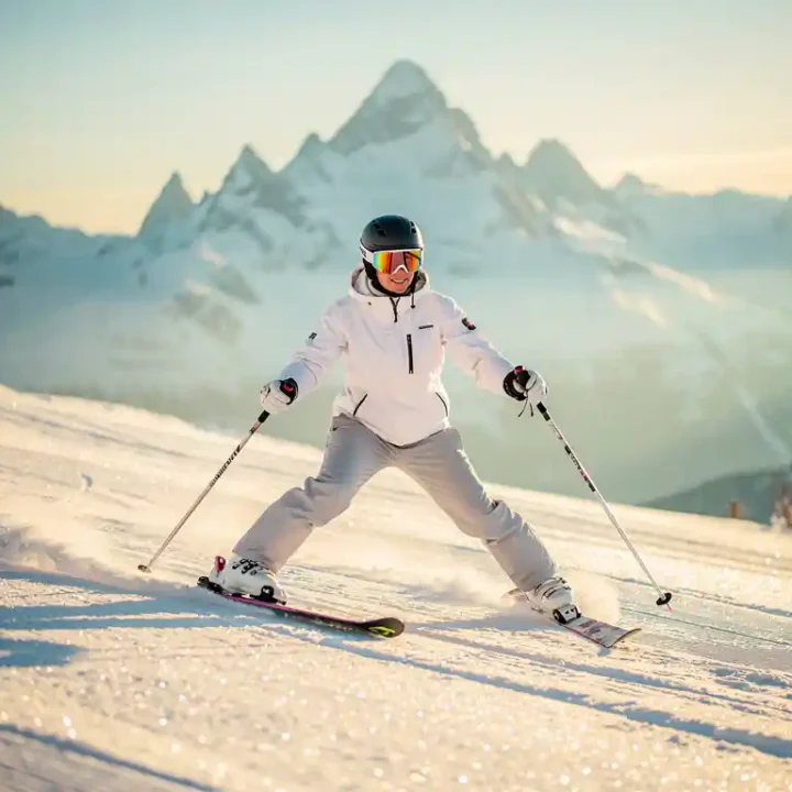 Ski-instructeur demonstreert een brede V-stand op een verzorgde alpine piste, met poedersneeuw en een bergkam op de achtergrond.