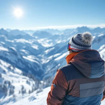 Ski-instructeurs met certificaatsemblemen wijzen naar spectaculaire Alpenpiste op zonnige dag met verse sneeuw en panorama van besneeuwde bergtoppen.