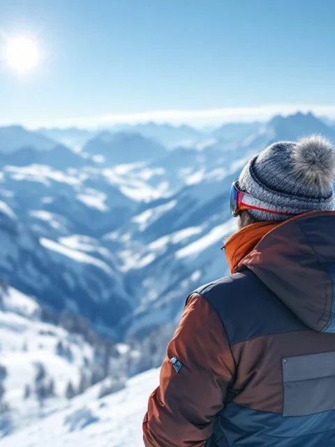 Ski-instructeurs met certificaatsemblemen wijzen naar spectaculaire Alpenpiste op zonnige dag met verse sneeuw en panorama van besneeuwde bergtoppen.