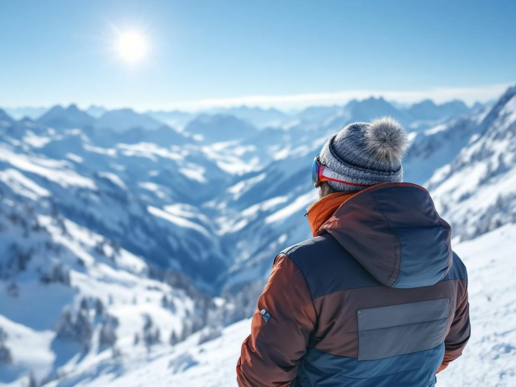 Ski-instructeurs met certificaatsemblemen wijzen naar spectaculaire Alpenpiste op zonnige dag met verse sneeuw en panorama van besneeuwde bergtoppen.