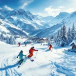 Ski-instructeurs demonstreren technieken op besneeuwde hellingen van Innsbruck met Oostenrijkse alpine architectuur op achtergrond