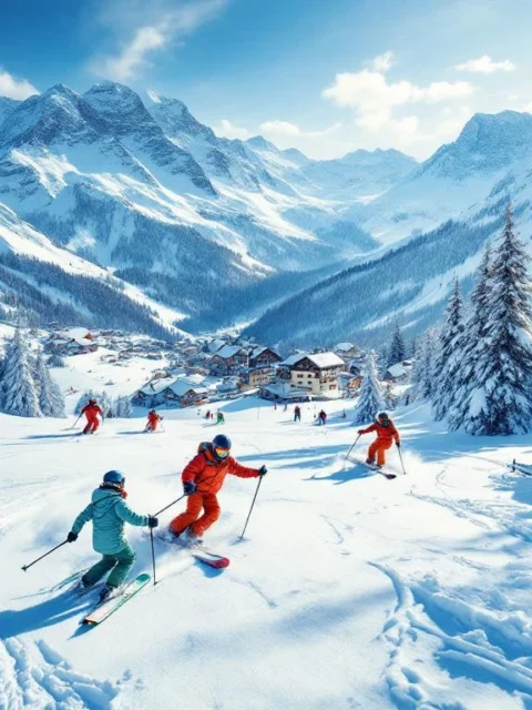 Ski-instructeurs demonstreren technieken op besneeuwde hellingen van Innsbruck met Oostenrijkse alpine architectuur op achtergrond