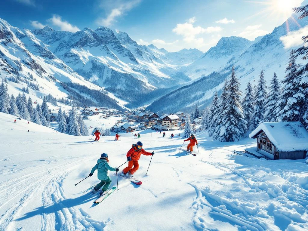 Ski-instructeurs demonstreren technieken op besneeuwde hellingen van Innsbruck met Oostenrijkse alpine architectuur op achtergrond