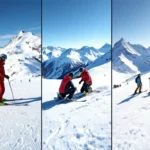 Panoramisch overzicht van drie ski-instructiescenario's in de Alpen: groepsles, privéles en off-piste training tegen een achtergrond van besneeuwde bergtoppen