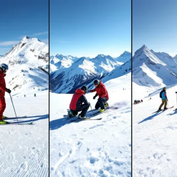 Panoramisch overzicht van drie ski-instructiescenario's in de Alpen: groepsles, privéles en off-piste training tegen een achtergrond van besneeuwde bergtoppen