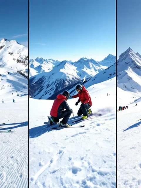 Panoramisch overzicht van drie ski-instructiescenario's in de Alpen: groepsles, privéles en off-piste training tegen een achtergrond van besneeuwde bergtoppen