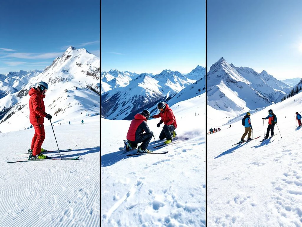 Panoramisch overzicht van drie ski-instructiescenario's in de Alpen: groepsles, privéles en off-piste training tegen een achtergrond van besneeuwde bergtoppen