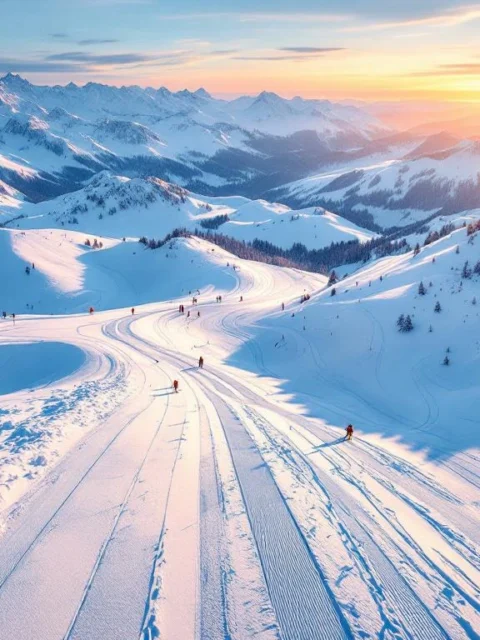 Luchtfoto van besneeuwde skipistes in Hochfügen met ski-uitrusting op voorgrond tijdens gouden zonsondergang in Oostenrijkse Alpen