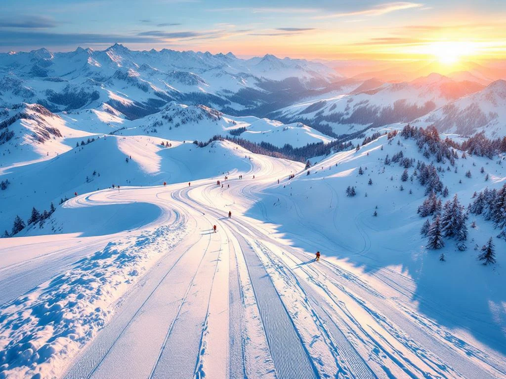 Luchtfoto van besneeuwde skipistes in Hochfügen met ski-uitrusting op voorgrond tijdens gouden zonsondergang in Oostenrijkse Alpen