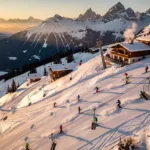 Luchtfoto van skiërs op besneeuwde pistes in Sankt Gallenkirch tijdens gouden uur met Oostenrijkse berghutten